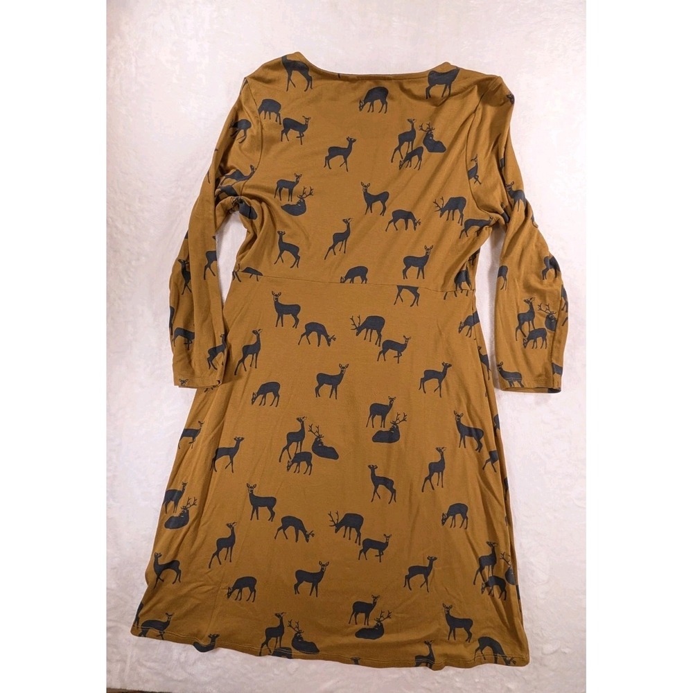 Boden Women's 10 Deer Print Dress Mustard Brown Navy Long Sleeve Fit & Flare - Picture 4 of 12